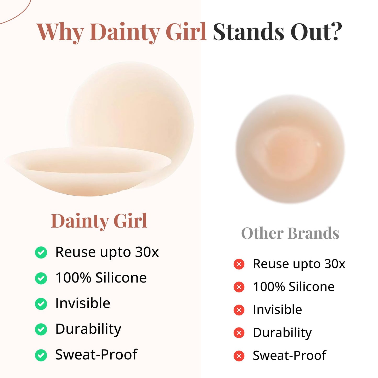 Dainty Girl Reusable Nipple Covers for Women – Creme 2 Pairs- Silicone Adhesive Pasties – Invisible No Show Breast Covers for Dresses – Waterproof, Skin-Friendly – Comes with Travel Box